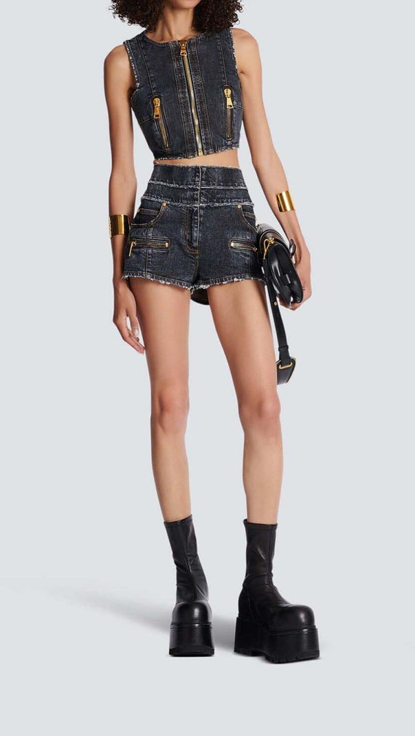 AIIZIE HIGH-WAISTED FADED DENIM TWO PIECES SET - product image