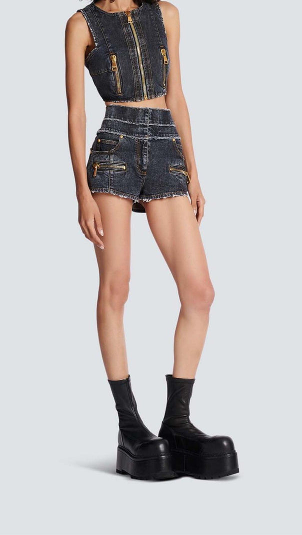 AIIZIE HIGH-WAISTED FADED DENIM TWO PIECES SET - product image