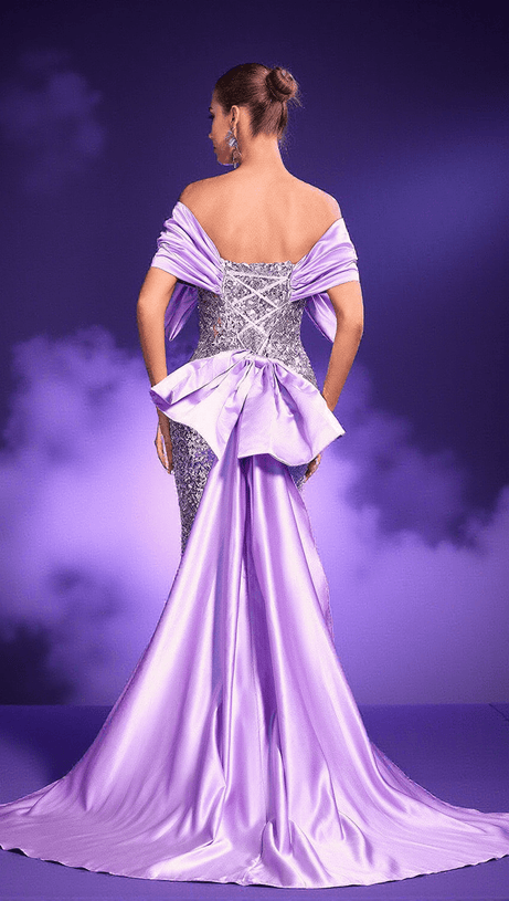 ABITO LUNGO CON PAILLETTES E FIOCCO PATCHWORK CANDRA