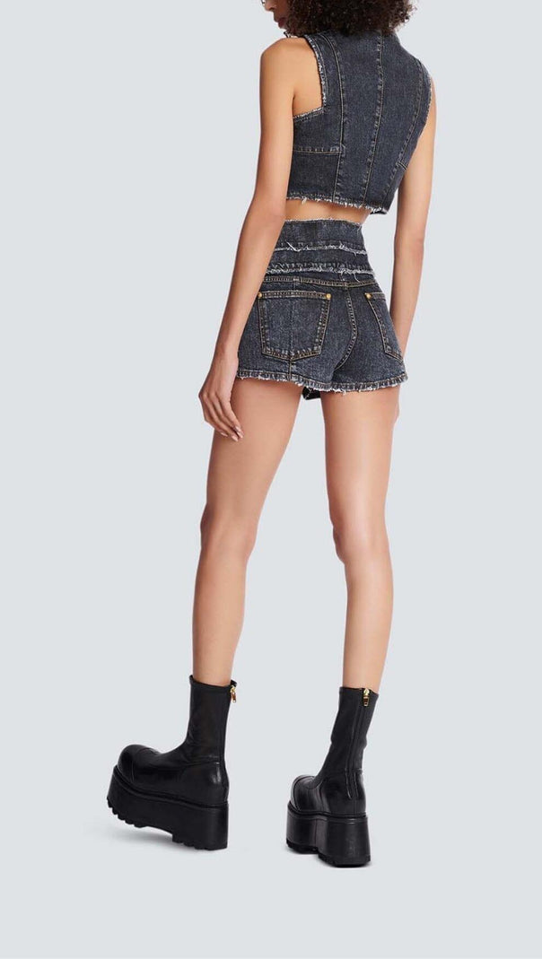 AIIZIE HIGH-WAISTED FADED DENIM TWO PIECES SET - product image