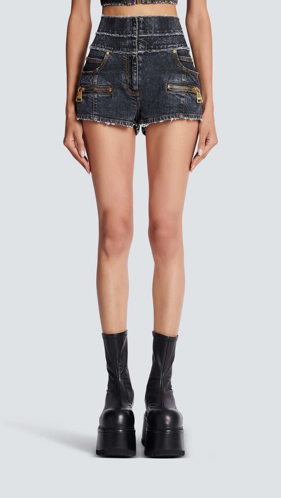 HIGH-WAISTED FADED DENIM TWO PIECES SET