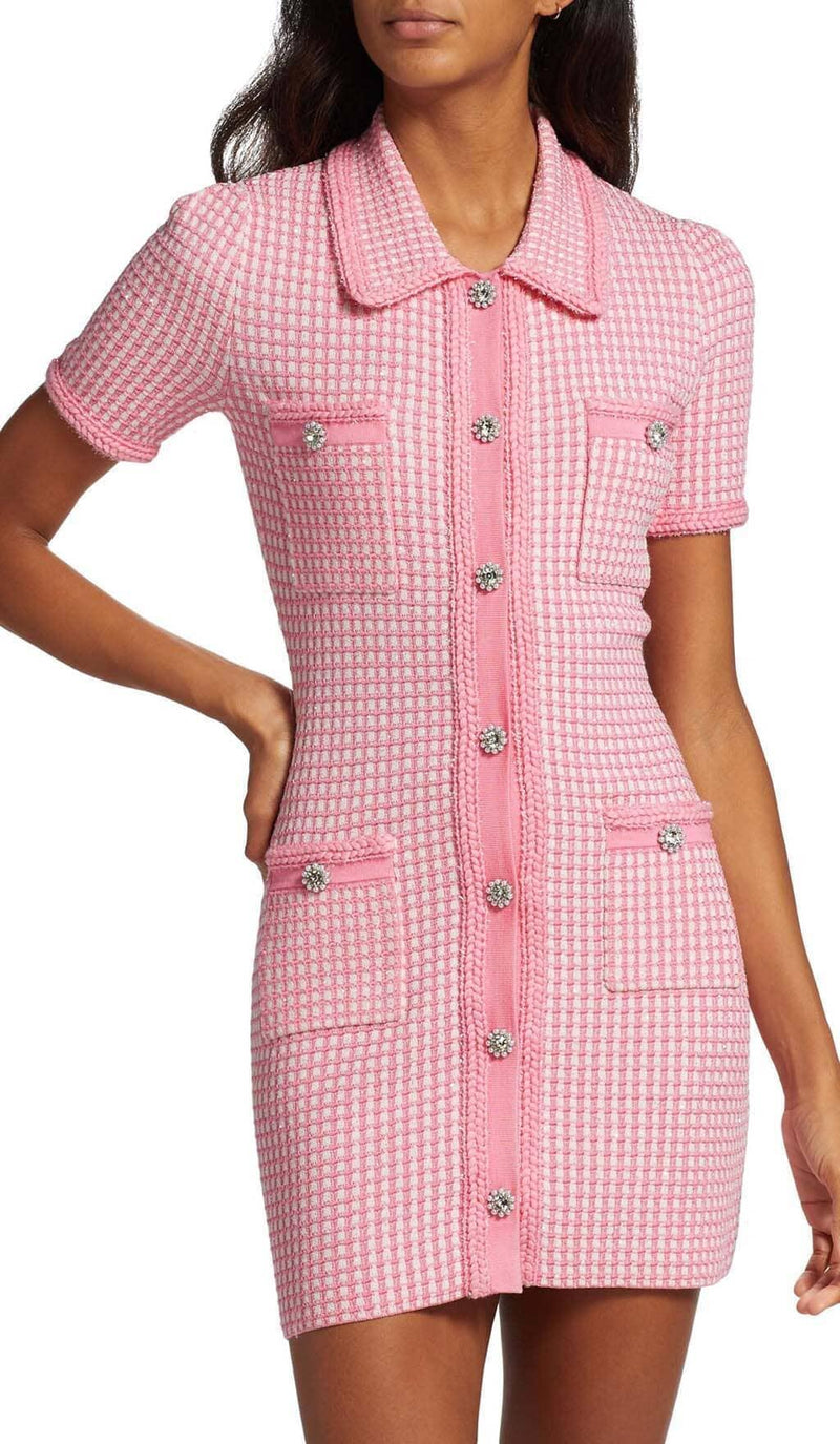 KNITTED BUTTON MINI DRESS IN PINK