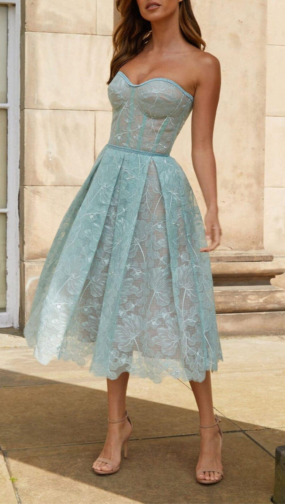 LACE BANDEAU MIDI DRESS IN MINT