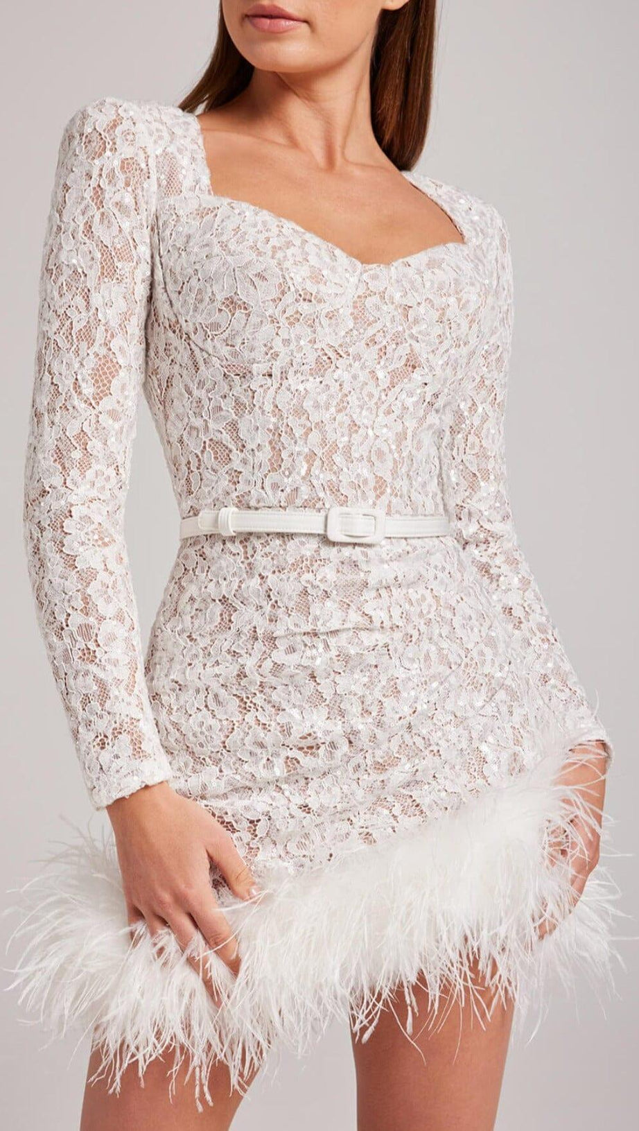 LACE FEATHER MINI DRESS IN WHITE