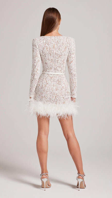 LACE FEATHER MINI DRESS IN WHITE