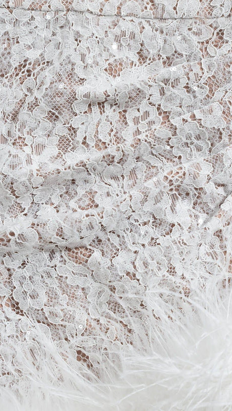 LACE FEATHER MINI DRESS IN WHITE