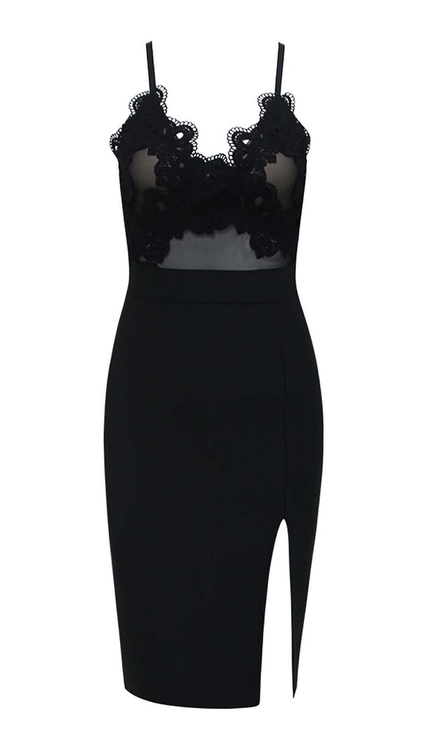 AIIZIE LACE V NECK SPLIT BODYCON MIDI DRESS IN BLACK - product image