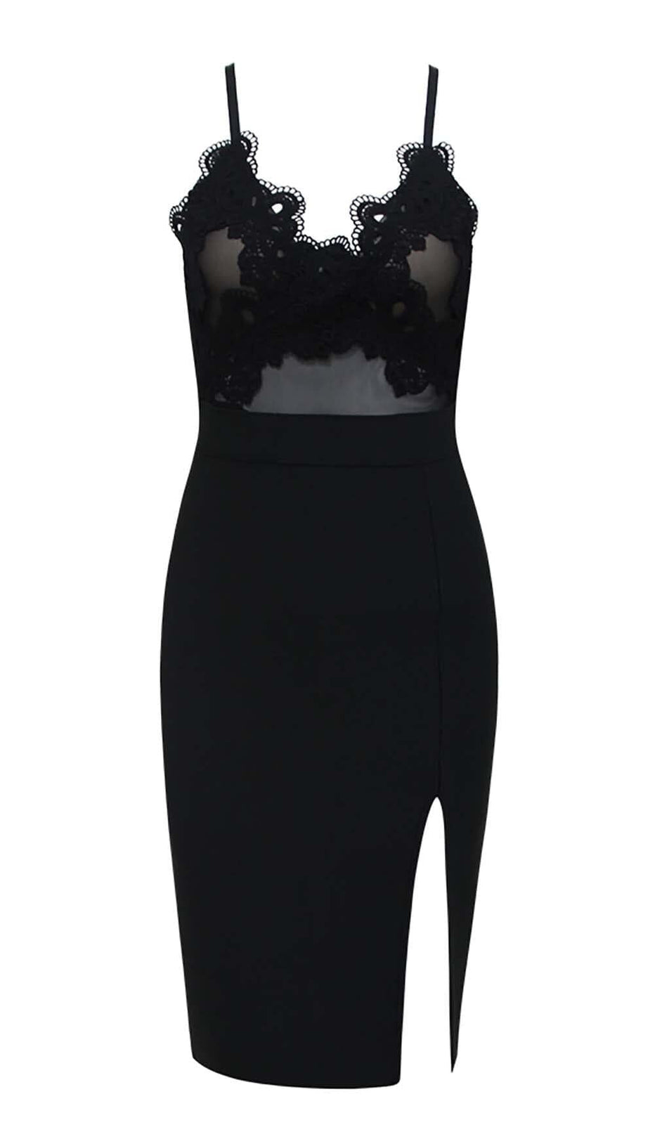 ABITO MIDI ADERENTE CON SCOLLO A V E SPACCO IN PIZZO NERO