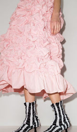 FOLDING RUFFLED MIDI DRESS IN PINK