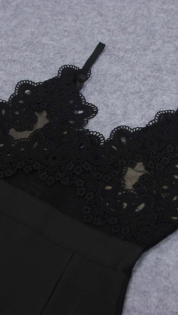 AIIZIE LACE V NECK SPLIT BODYCON MIDI DRESS IN BLACK - product image