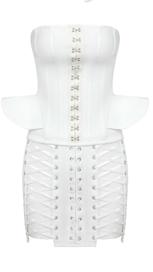 AIIZIE LACE-UP OFF SHOULDER MINI DRESS IN WHITE - product image