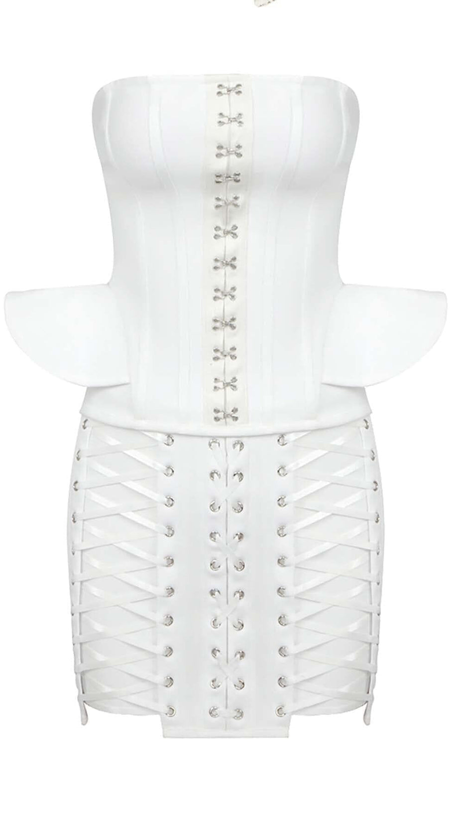 LACE-UP OFF SHOULDER MINI DRESS IN WHITE