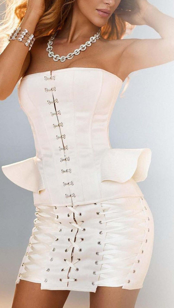 AIIZIE LACE-UP OFF SHOULDER MINI DRESS IN WHITE - product image