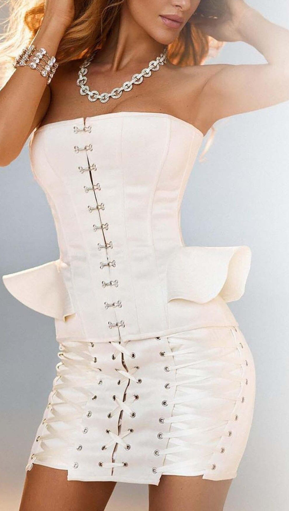 LACE-UP OFF SHOULDER MINI DRESS IN WHITE