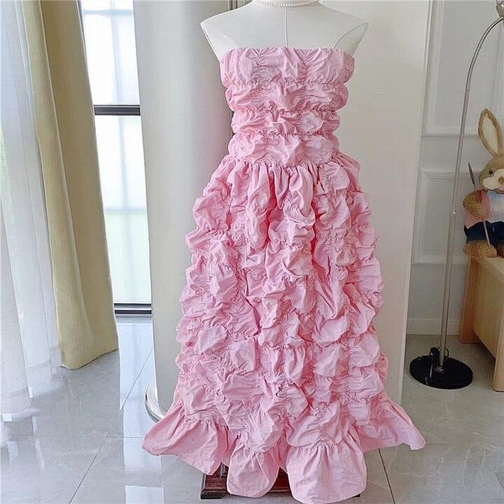 FOLDING RUFFLED MIDI DRESS IN PINK