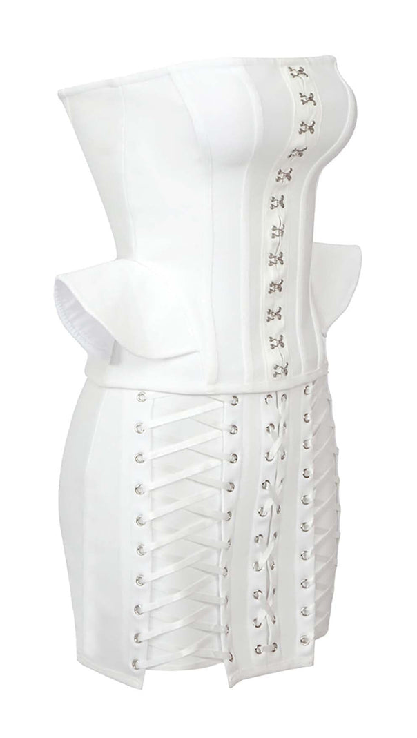 AIIZIE LACE-UP OFF SHOULDER MINI DRESS IN WHITE - product image