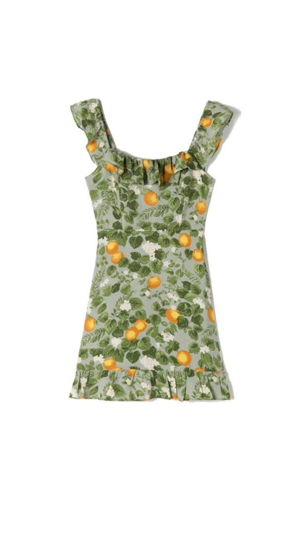 AIIZIE LEAF FRUIT PRINT RUFFLE MINI DRESS IN GREEN - product image