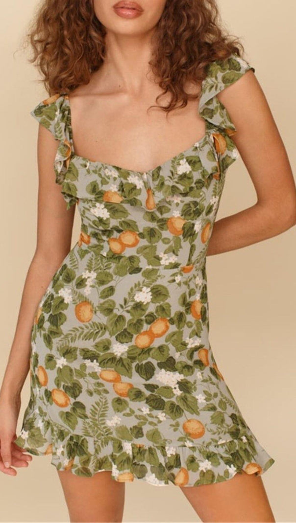 AIIZIE LEAF FRUIT PRINT RUFFLE MINI DRESS IN GREEN - product image