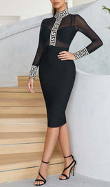 MESH LONG SLEEVE BANDAGE MIDI DRESS IN BLACK