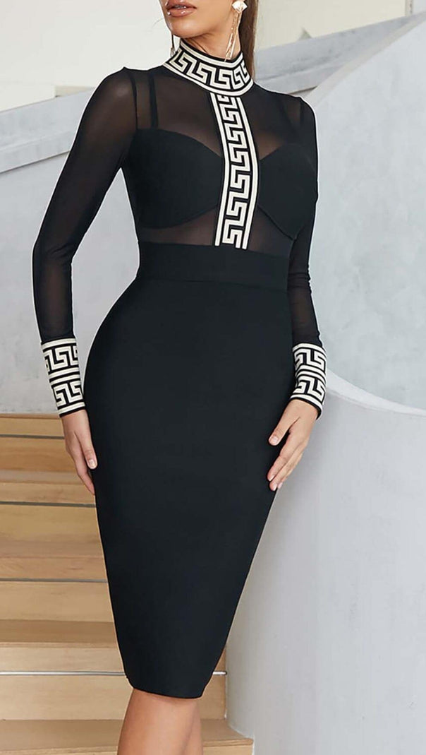 AIIZIE MESH LONG SLEEVE BANDAGE MIDI DRESS IN BLACK - product image