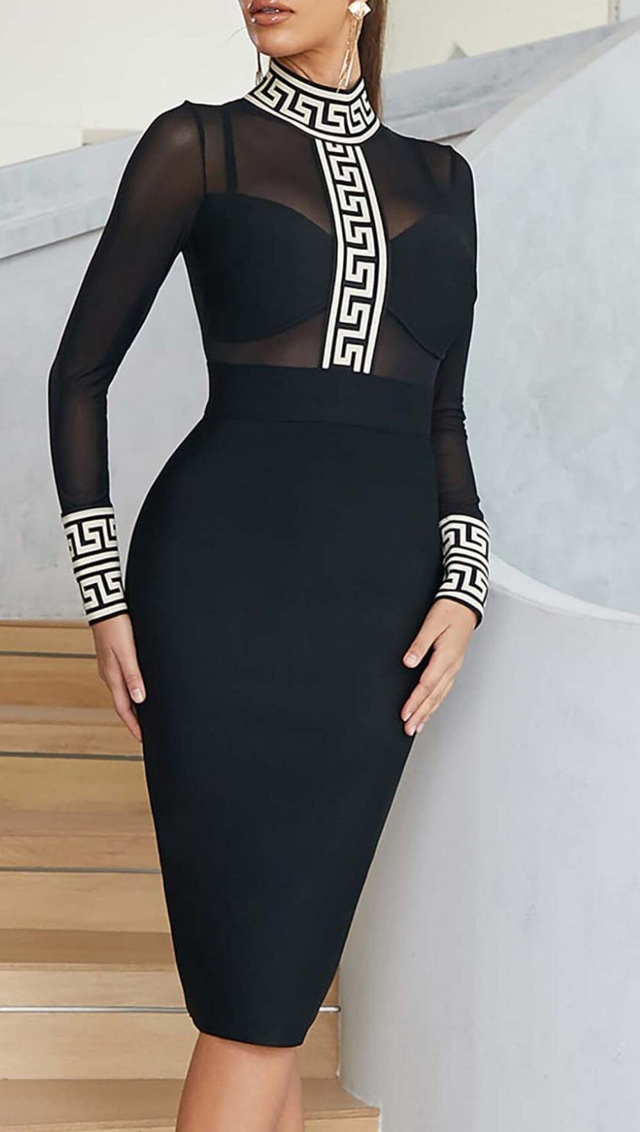 MESH LONG SLEEVE BANDAGE MIDI DRESS IN BLACK