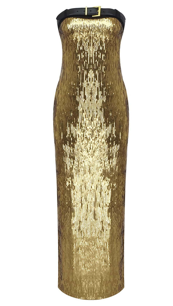 AIIZIE METALLIC STRAPLESS MIDI DRESS IN CHAMPAGNE - product image