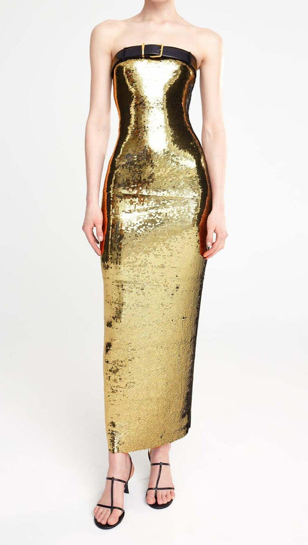 AIIZIE METALLIC STRAPLESS MIDI DRESS IN CHAMPAGNE - product image