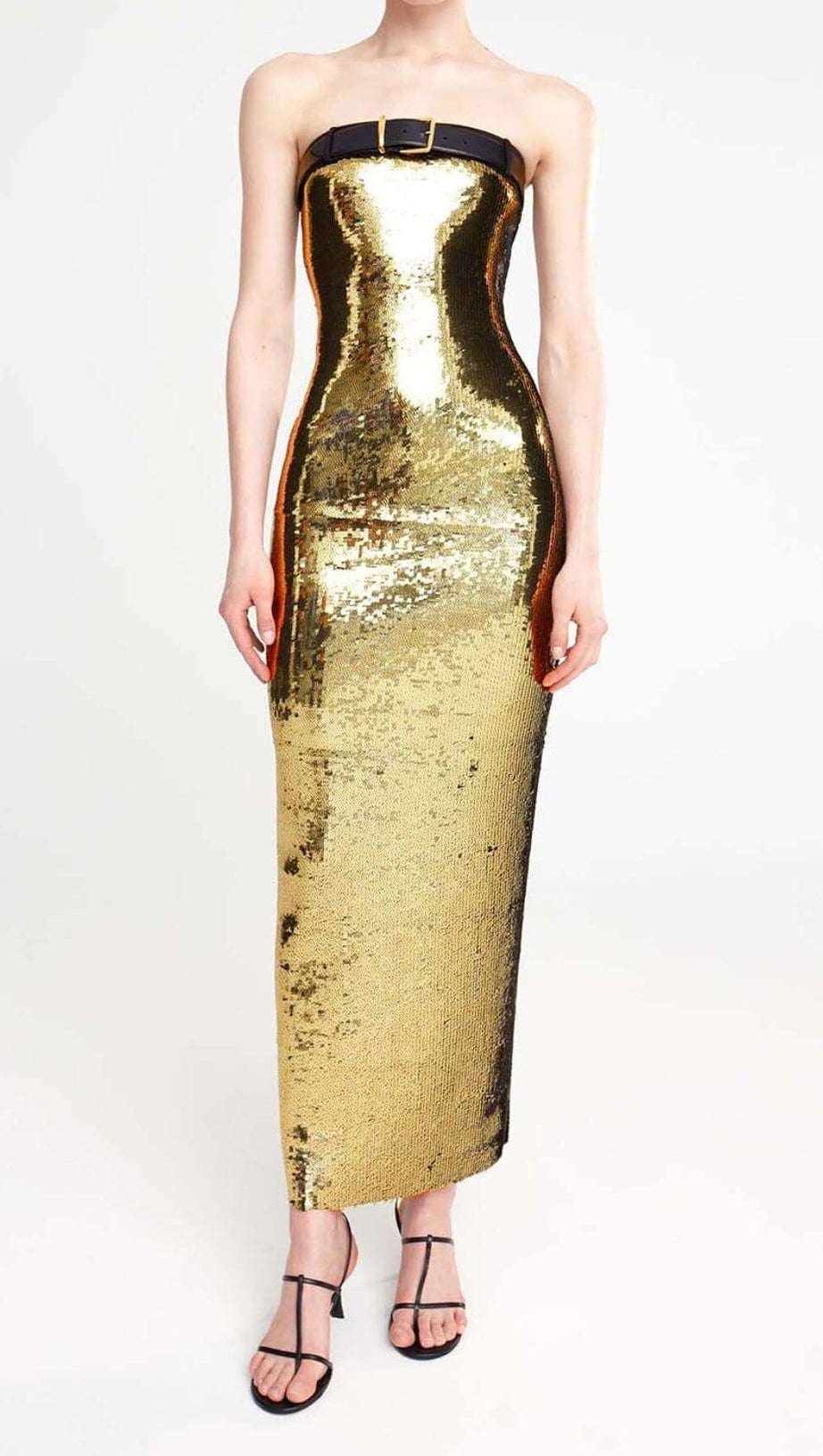 METALLIC STRAPLESS MIDI DRESS IN CHAMPAGNE