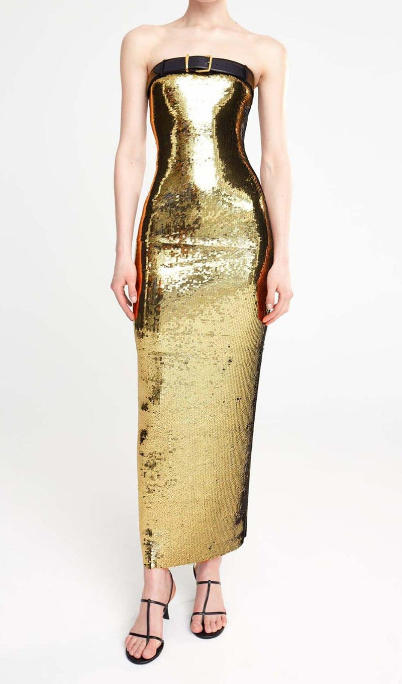 METALLIC STRAPLESS MIDI DRESS IN CHAMPAGNE