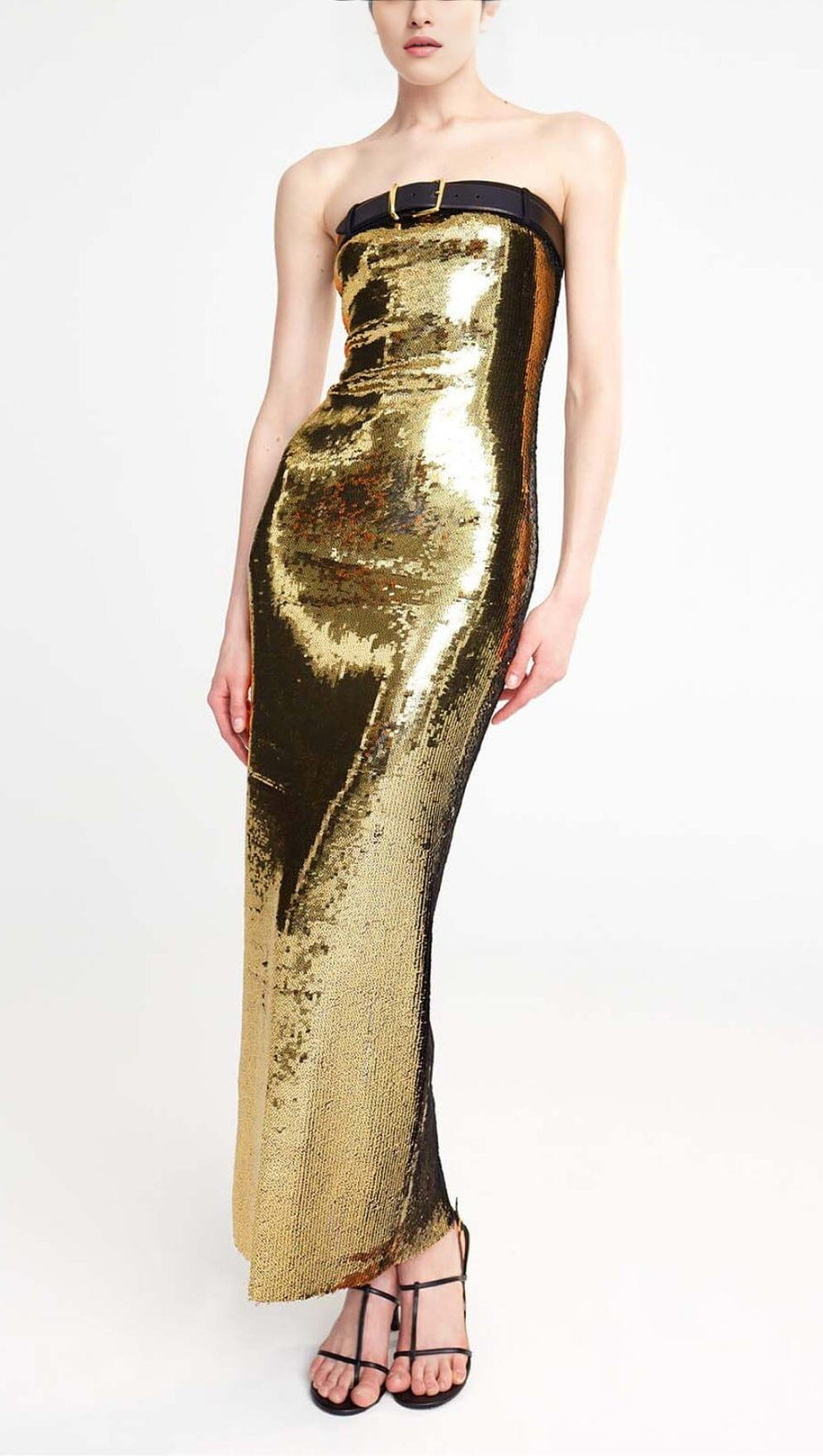 METALLIC STRAPLESS MIDI DRESS IN CHAMPAGNE