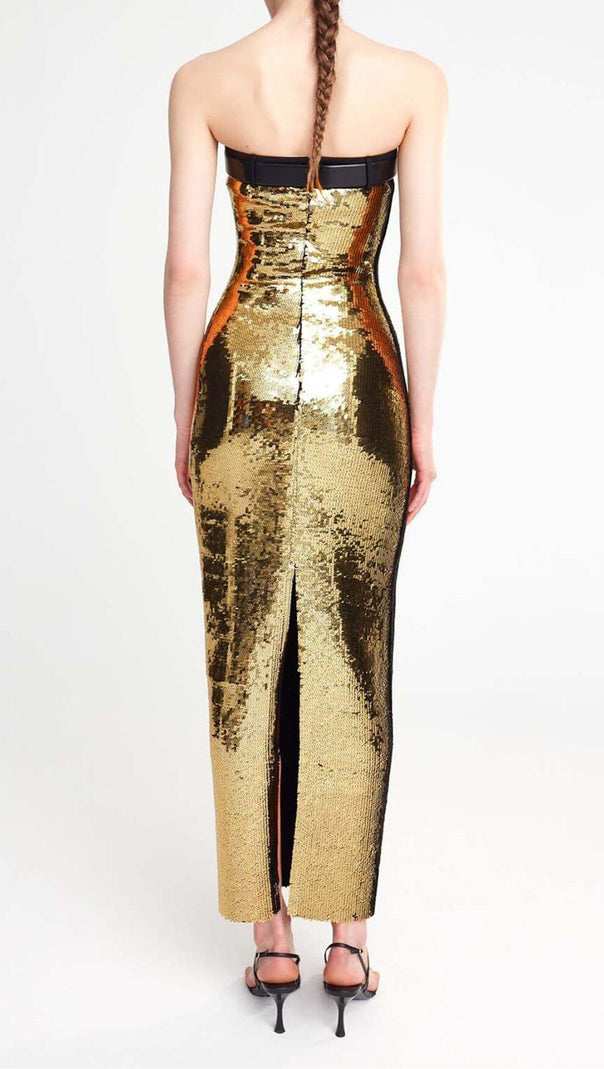 AIIZIE METALLIC STRAPLESS MIDI DRESS IN CHAMPAGNE - product image
