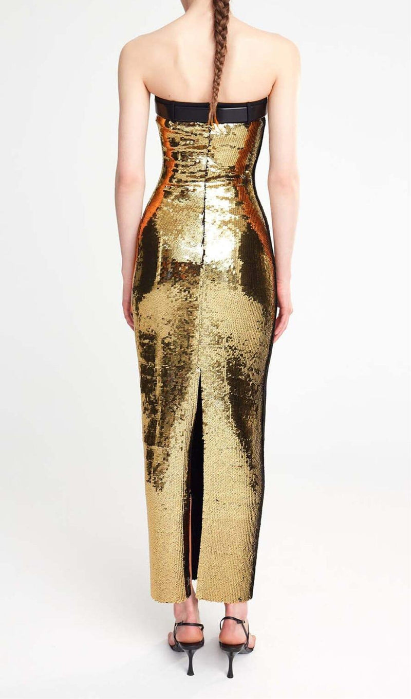 METALLIC STRAPLESS MIDI DRESS IN CHAMPAGNE