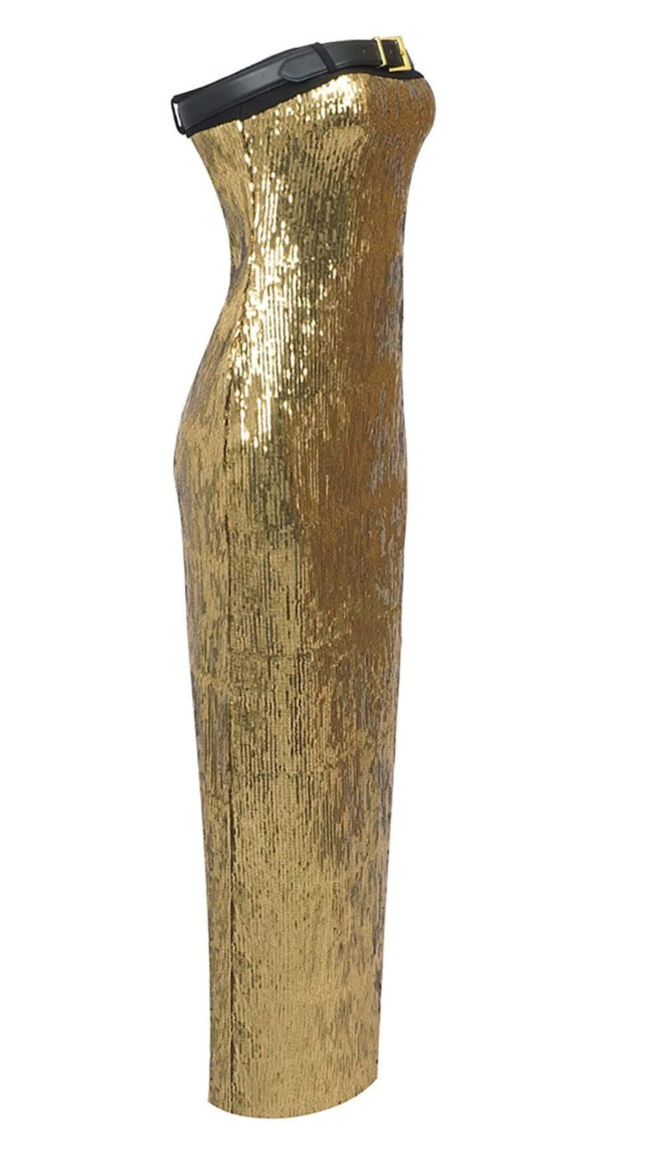 METALLIC STRAPLESS MIDI DRESS IN CHAMPAGNE