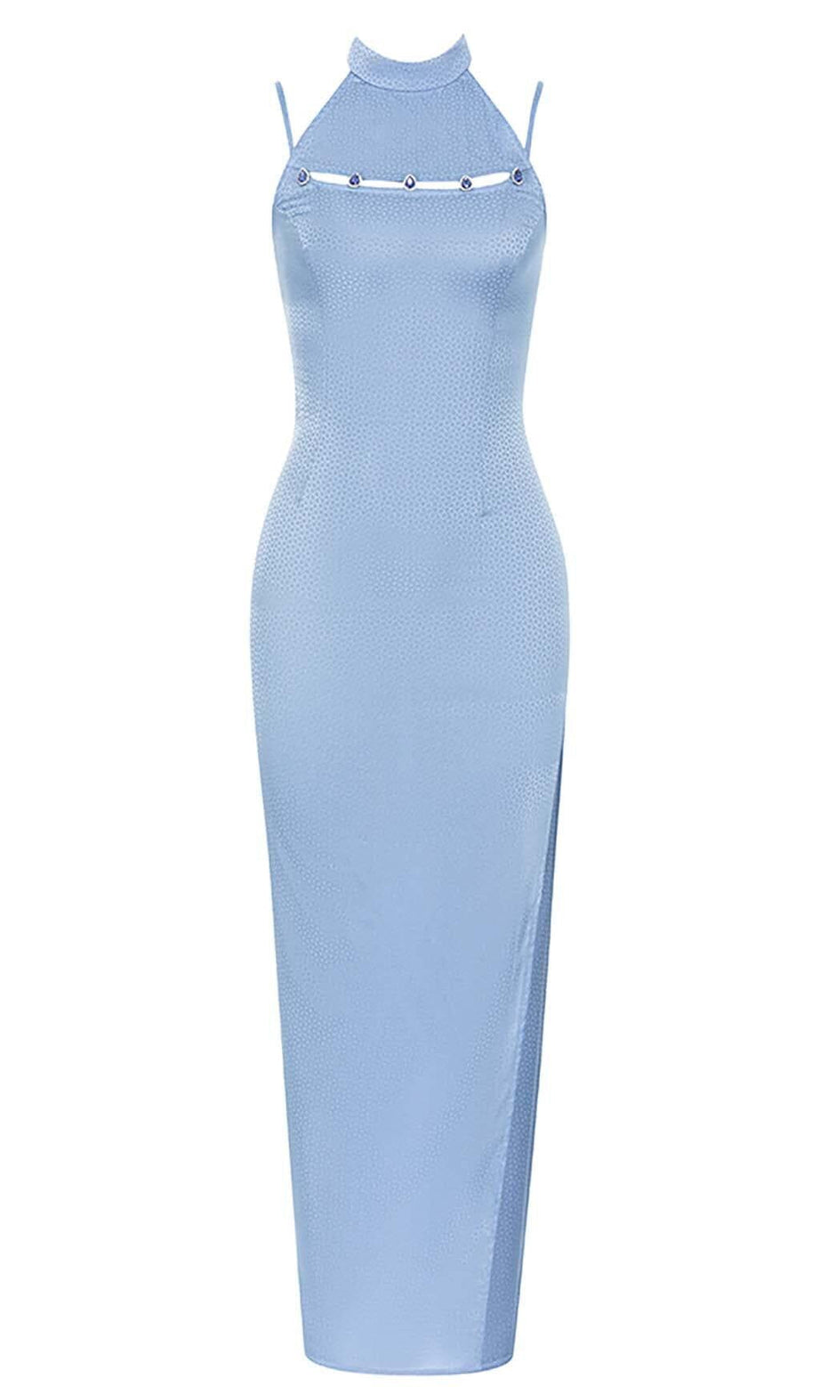 MIDIKLEID MIT STEHKRAGEN UND SCHLITZ IN BLAU