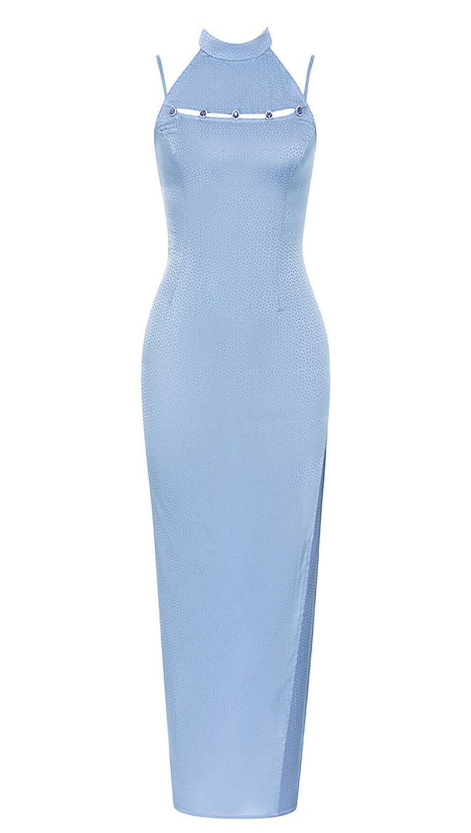 MOCK NECK SLIT MIDI DRESS IN BLUE