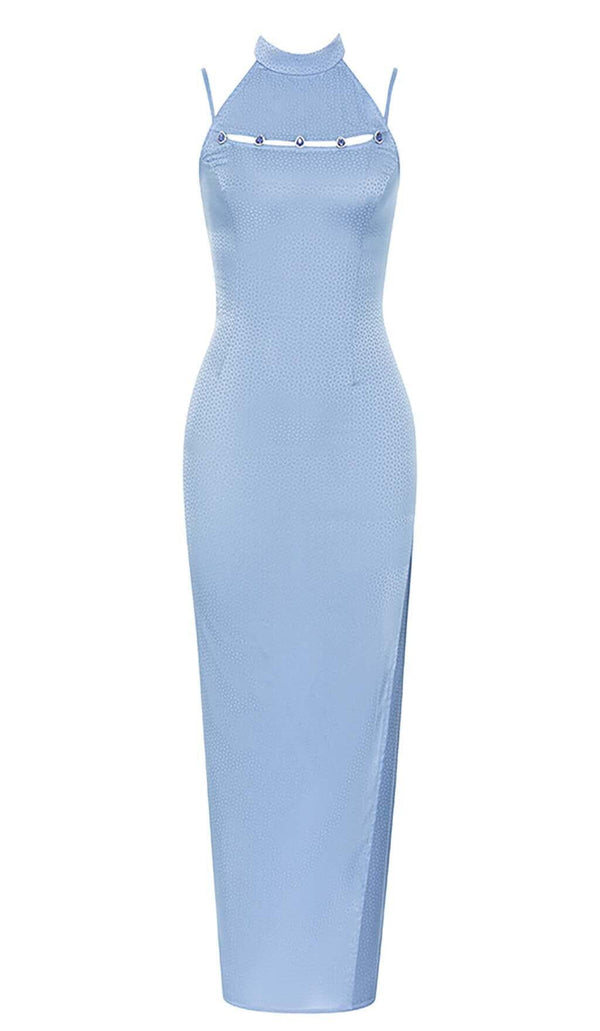 MOCK NECK SLIT MIDI DRESS IN BLUE