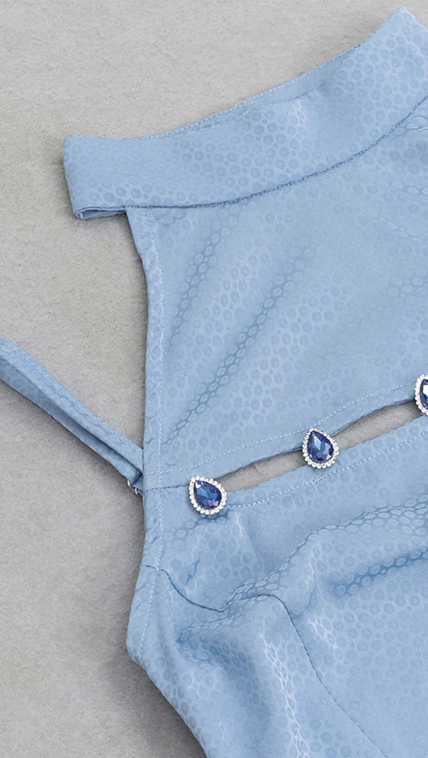 ABITO MIDI CON COLLO ALTO E SPACCO BLU