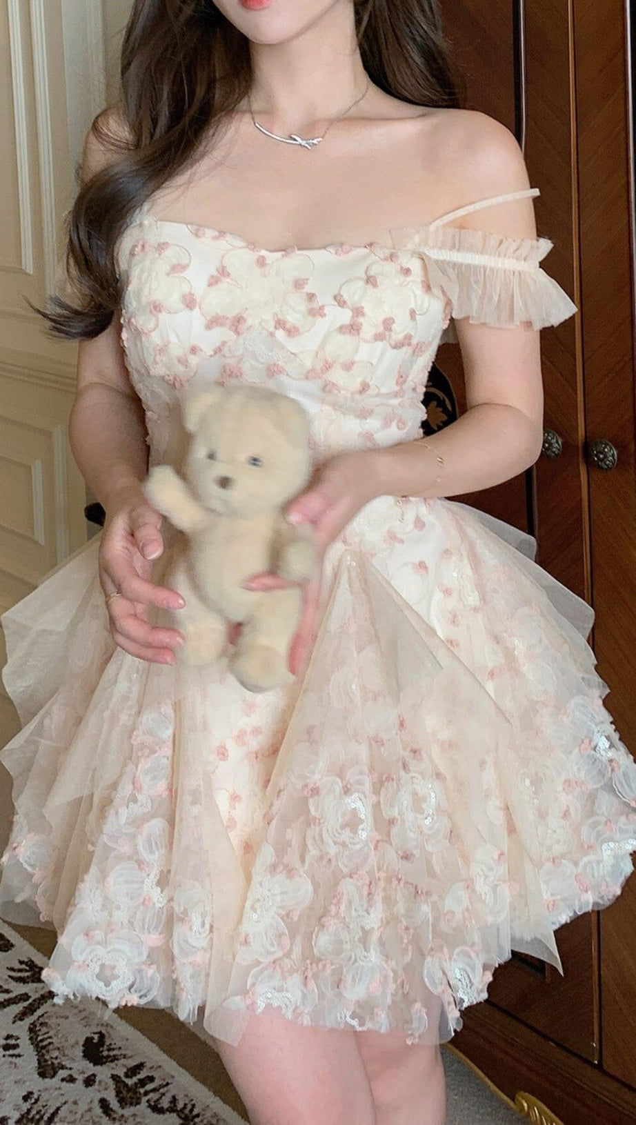 OFF -SHOULDER FLOWER MINI DRESS IN PINK