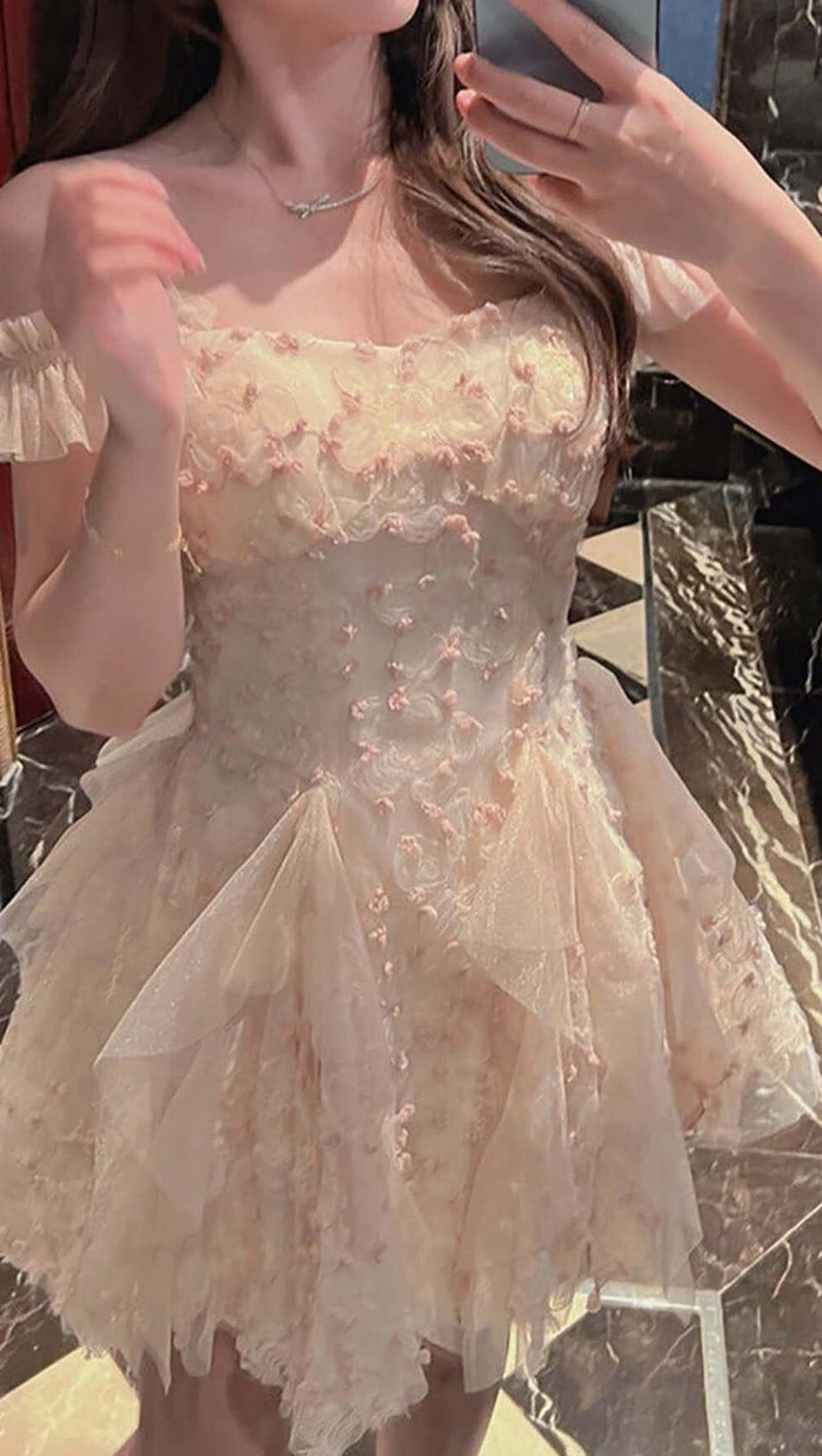 OFF -SHOULDER FLOWER MINI DRESS IN PINK