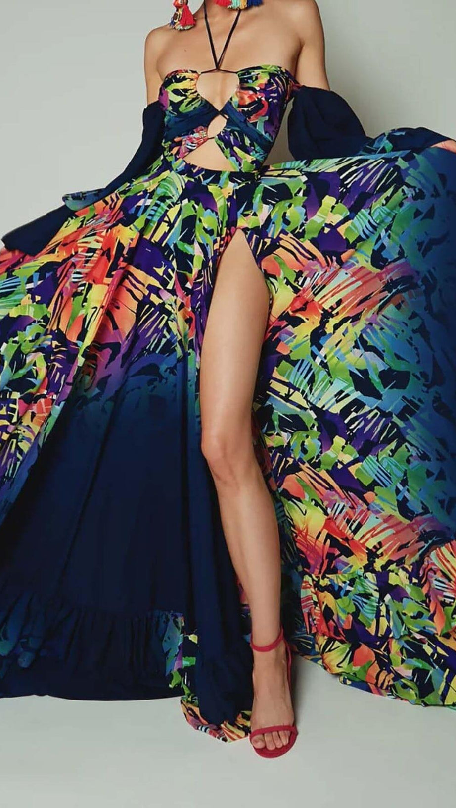 OFF SHOULDER FLOWY SLEEVES MAXI DRESS IN MULTI-COLOR