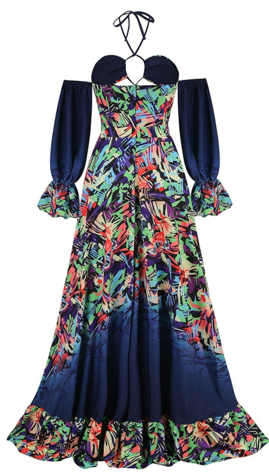OFF SHOULDER FLOWY SLEEVES MAXI DRESS IN MULTI-COLOR