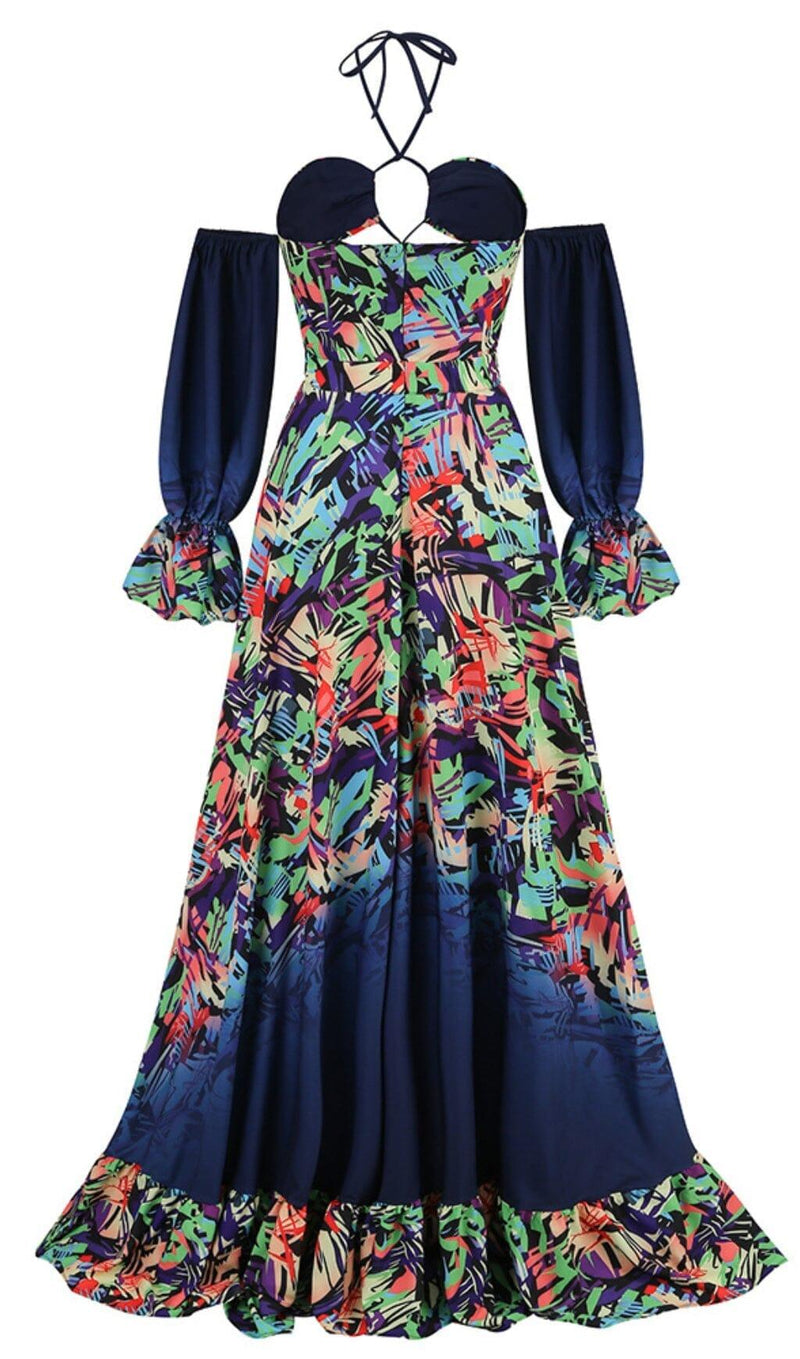 OFF SHOULDER FLOWY SLEEVES MAXI DRESS IN MULTI-COLOR