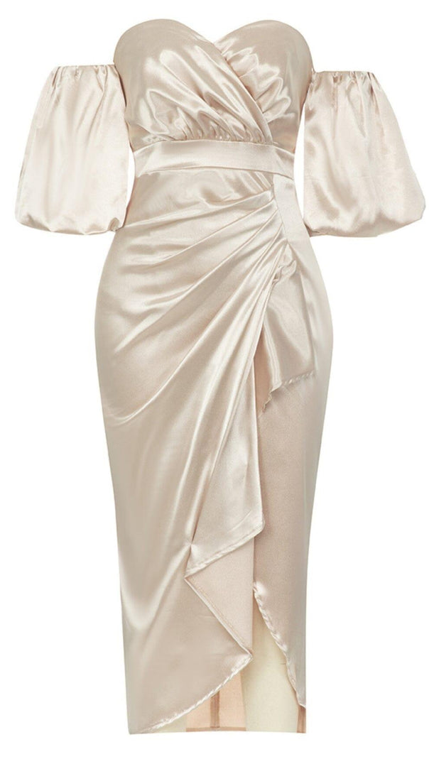 AIIZIE OFF SHOULDER RUCHED ASYMMETRICAL MIDI DRESS IN GRAY - product image