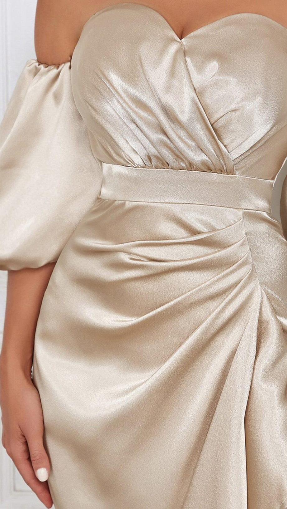 OFF SHOULDER RUCHED ASYMMETRICAL MIDI DRESS IN GRAY