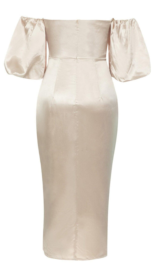 AIIZIE OFF SHOULDER RUCHED ASYMMETRICAL MIDI DRESS IN GRAY - product image