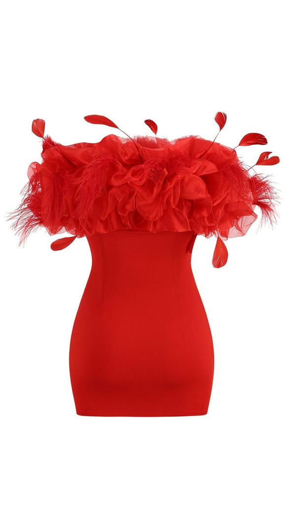 AIIZIE OFF-SHOULDER PUFFY FLOWER MINI DRESS IN RED - product image