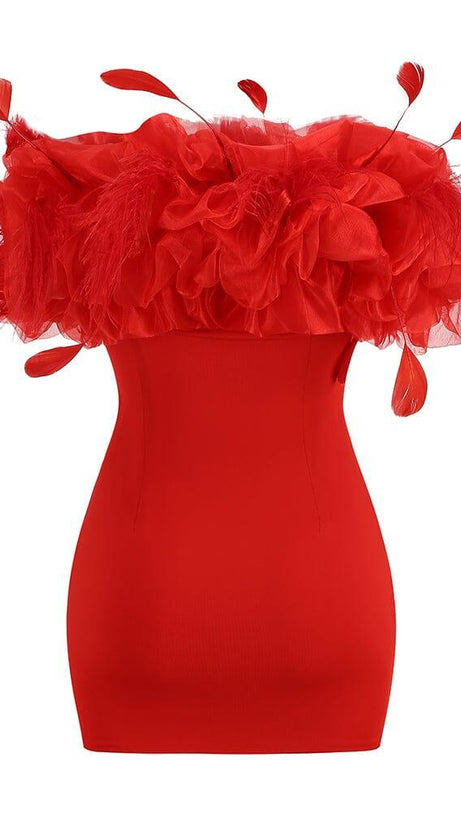 OFF-SHOULDER PUFFY FLOWER MINI DRESS IN RED