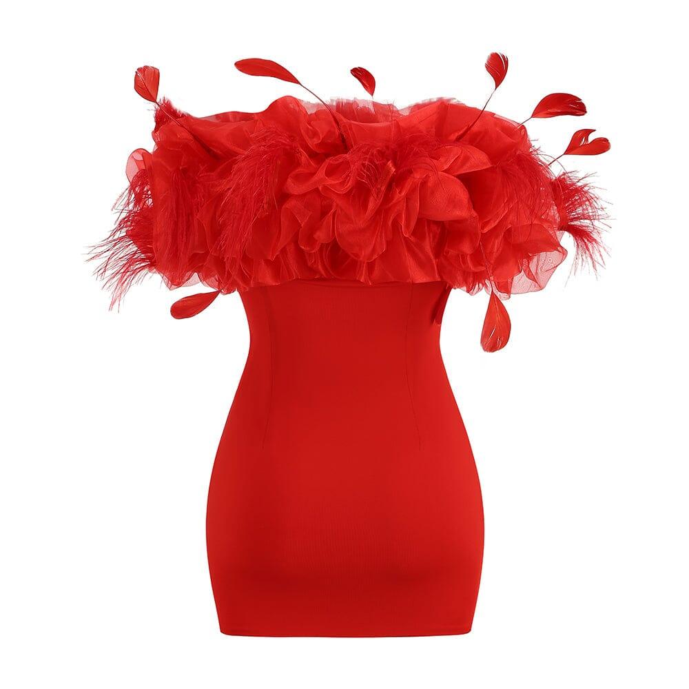 AIIZIE OFF-SHOULDER PUFFY FLOWER MINI DRESS IN RED - product image