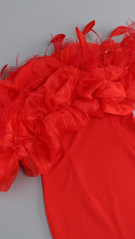 OFF-SHOULDER PUFFY FLOWER MINI DRESS IN RED