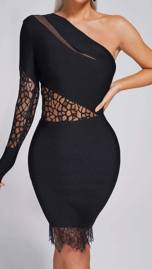 AIIZIE ONE SHOULDER INSERT LACE MIDI DRESS IN BLACK - product image